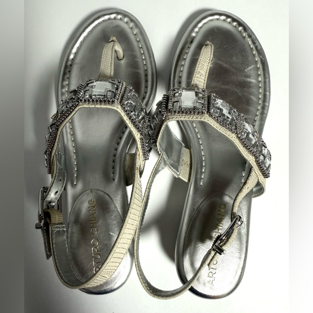Arturo Chiang Vintage Silver Accented and Cream Snakeskin Embellished Sandals